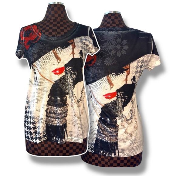 Vtg Y2K Cache AOP Graphic Tee Woman in Hat Size Medium Rhinestone Embellished - Picture 1 of 10